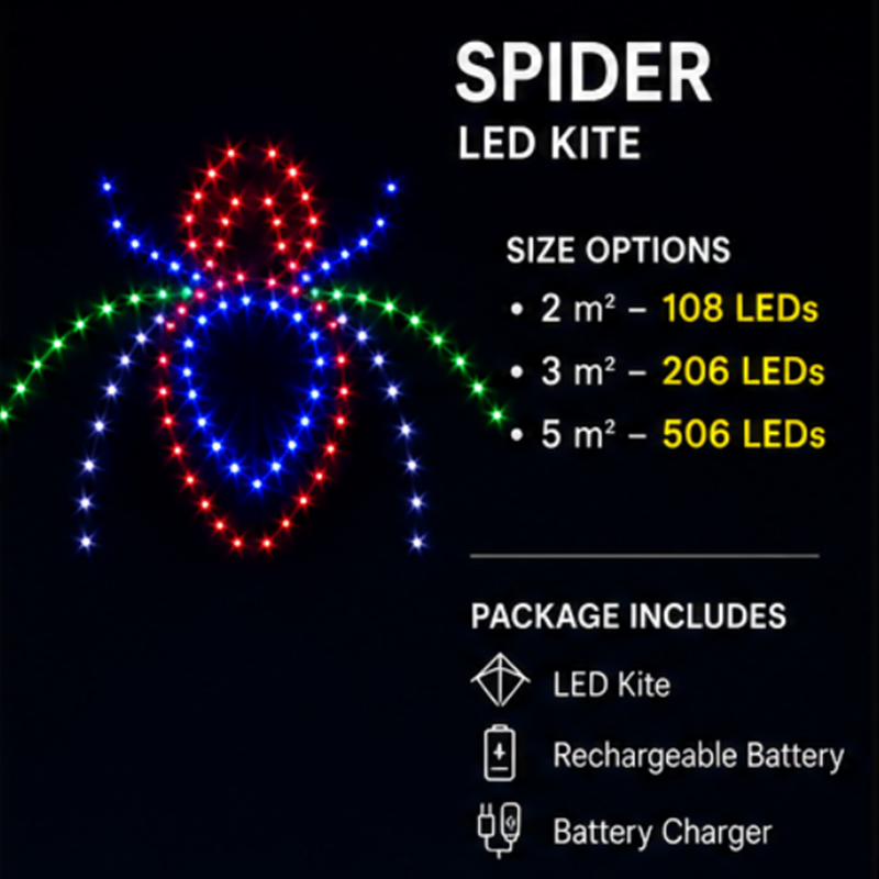 3m LED Spider Kite – Premium Ripstop Nylon Night Flying Kite with 206 LEDs